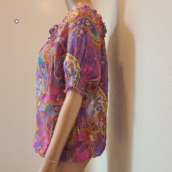 RALPH LAUREN sheer SILK METALLIC off-shoulder floral paisley smocked Boho top M - Picture 5 of 6